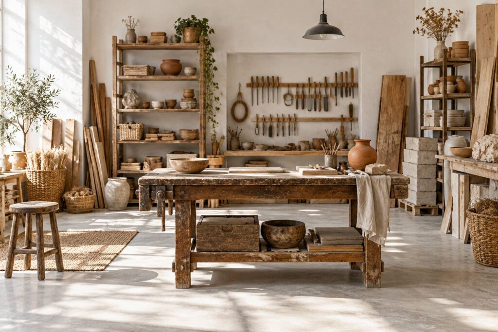 Atelier d'artisan sobre avec établi en bois et outils rangés