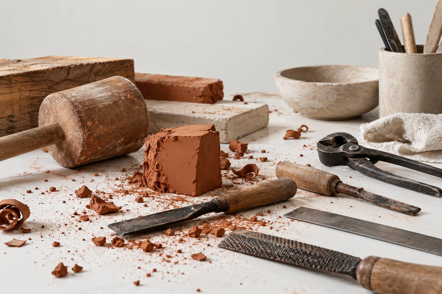 Établi avec outils d'artisan et matériaux bruts