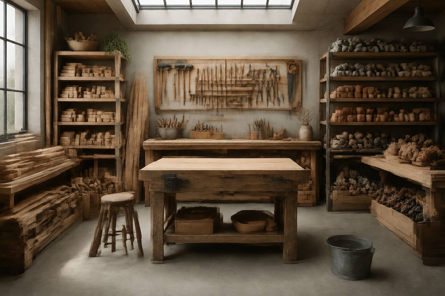 Atelier de jeu avec matériaux triés par type et outils accrochés au mur