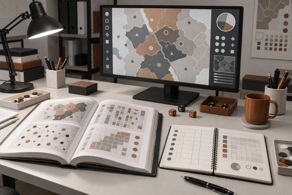 Bureau de joueur avec écran affichant une carte de territoire abstraite