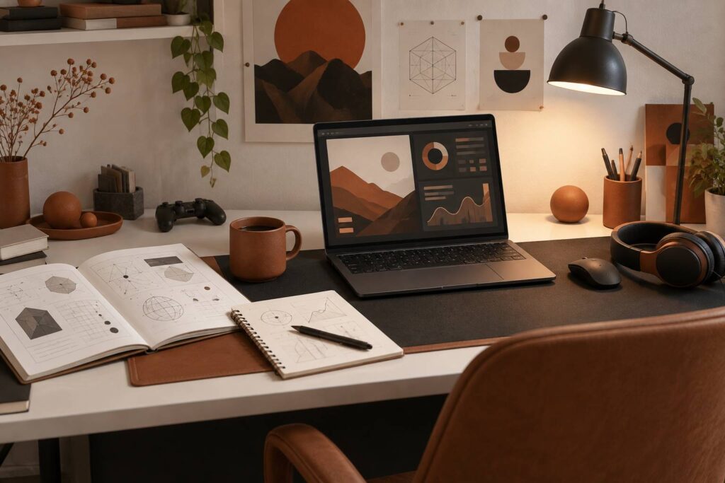 Bureau avec ordinateur portable, manuel technique et casque audio