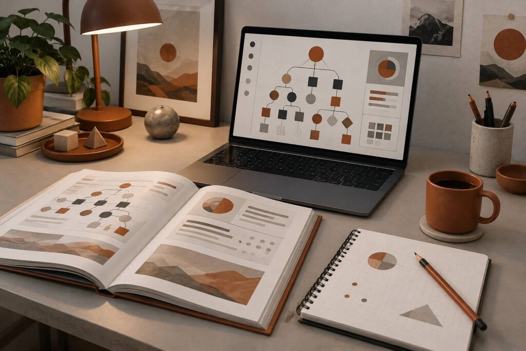 Bureau de joueur avec ordinateur, manuel technique et carnet pour une spécialisation