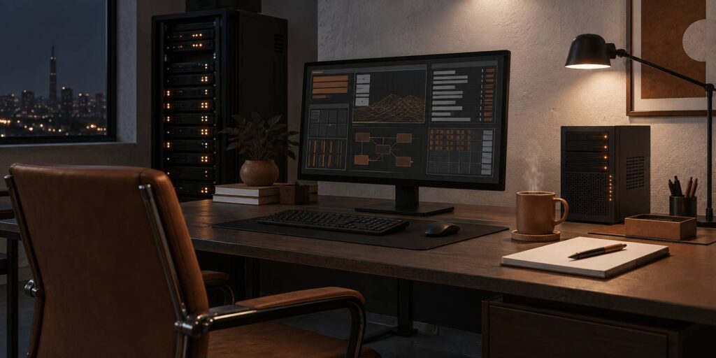 Bureau technique avec écran de serveur, clavier et notes de maintenance