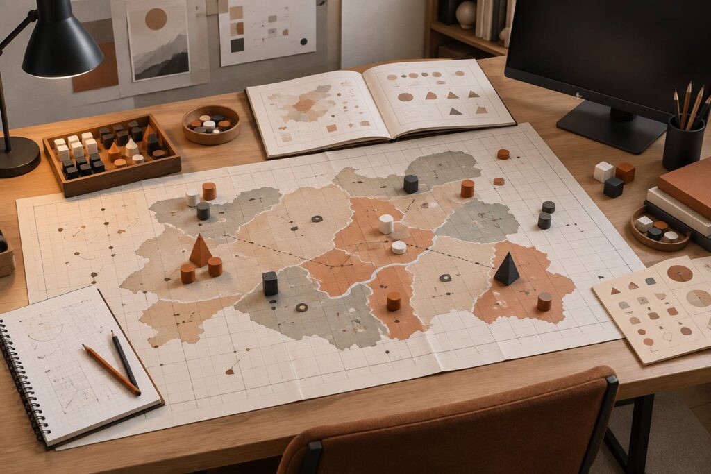 Carte quadrillée d'un jeu de gestion avec pions et jetons