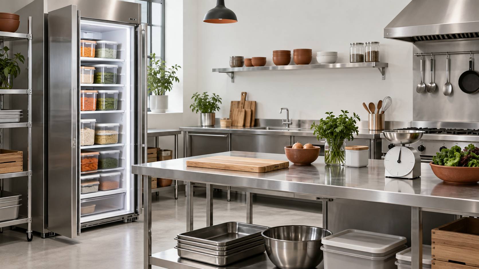 Refrigerateur ouvert et boites hermetiques dans une cuisine collective