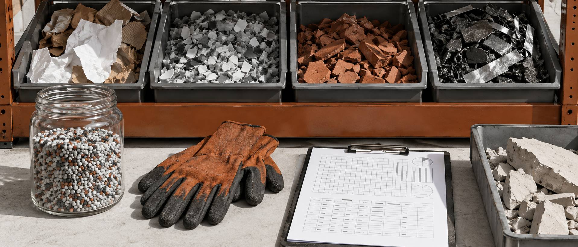Bacs de tri et matière secondaire recyclée dans un atelier