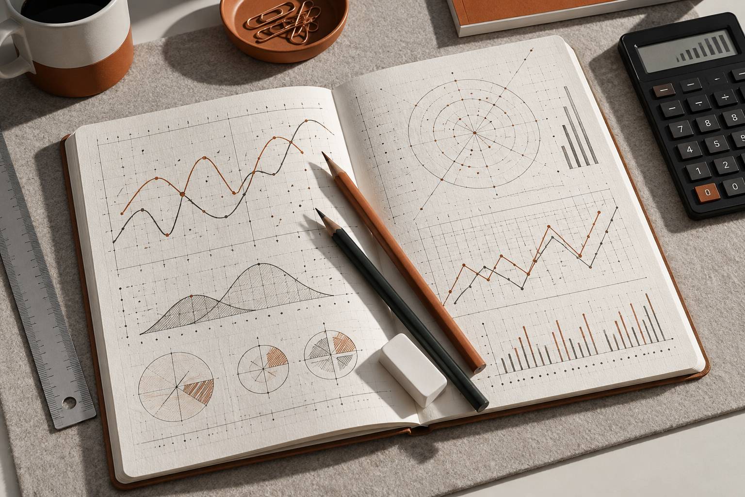 Détail d'un carnet de relevés avec des courbes et des crayons