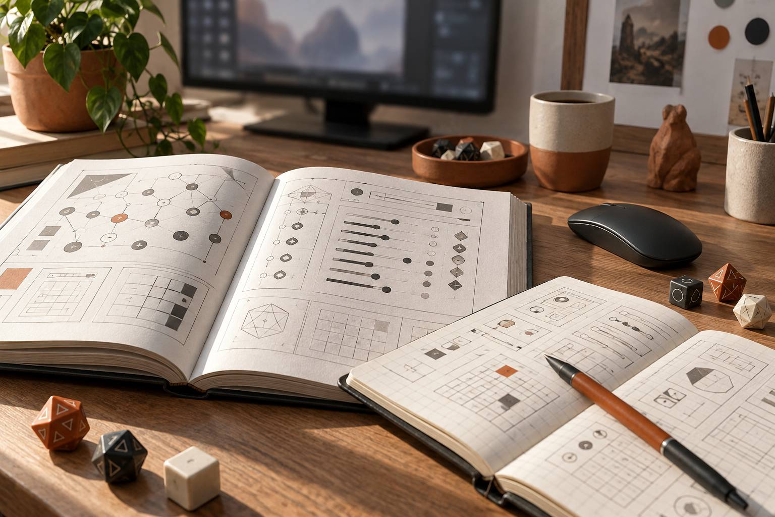 Détail d'un manuel et d'un carnet de notes de jeu de gestion