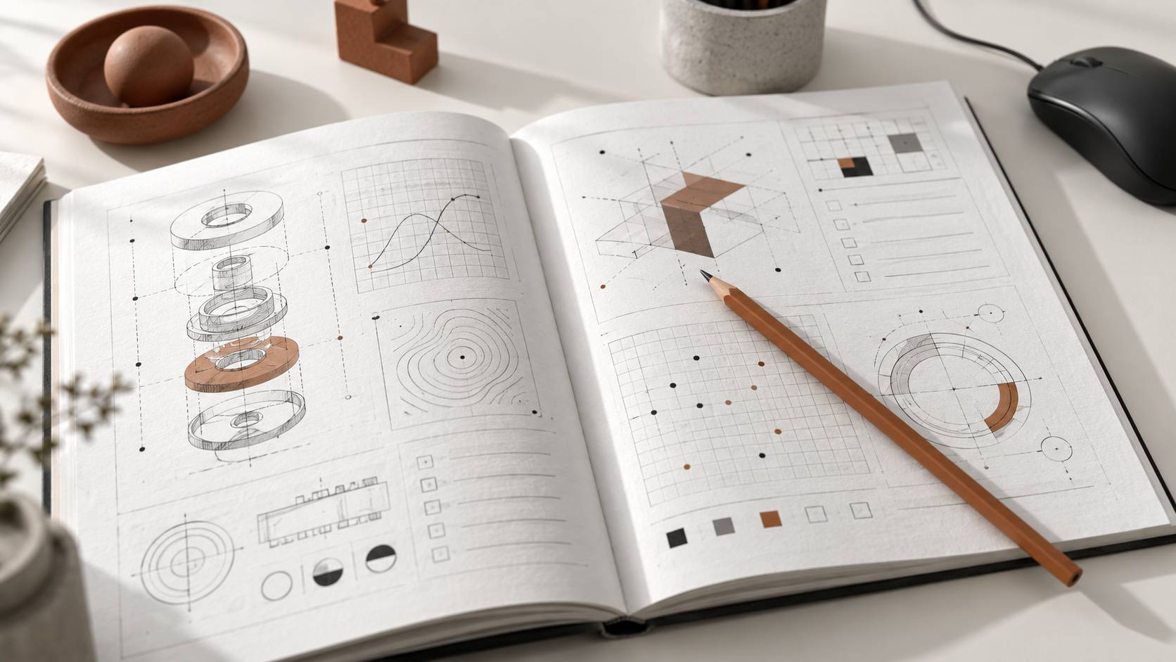 Détail de pages de manuel technique à schémas et cases à cocher sur un bureau
