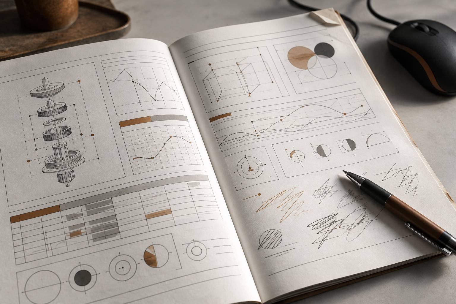 Détail de pages de manuel technique et de notes sur un bureau