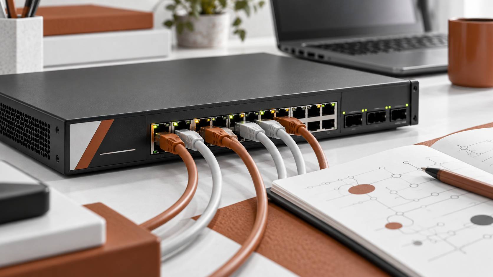 Switch réseau avec câbles Ethernet et voyants allumés