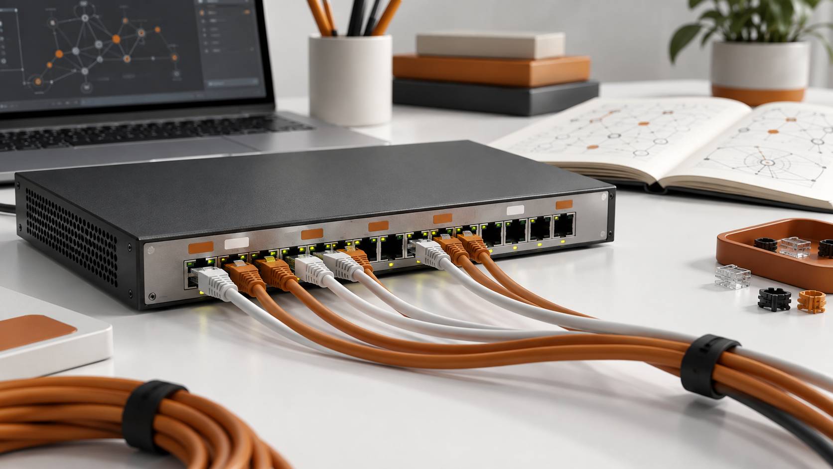 Détail d'un switch réseau avec câbles Ethernet et voyants