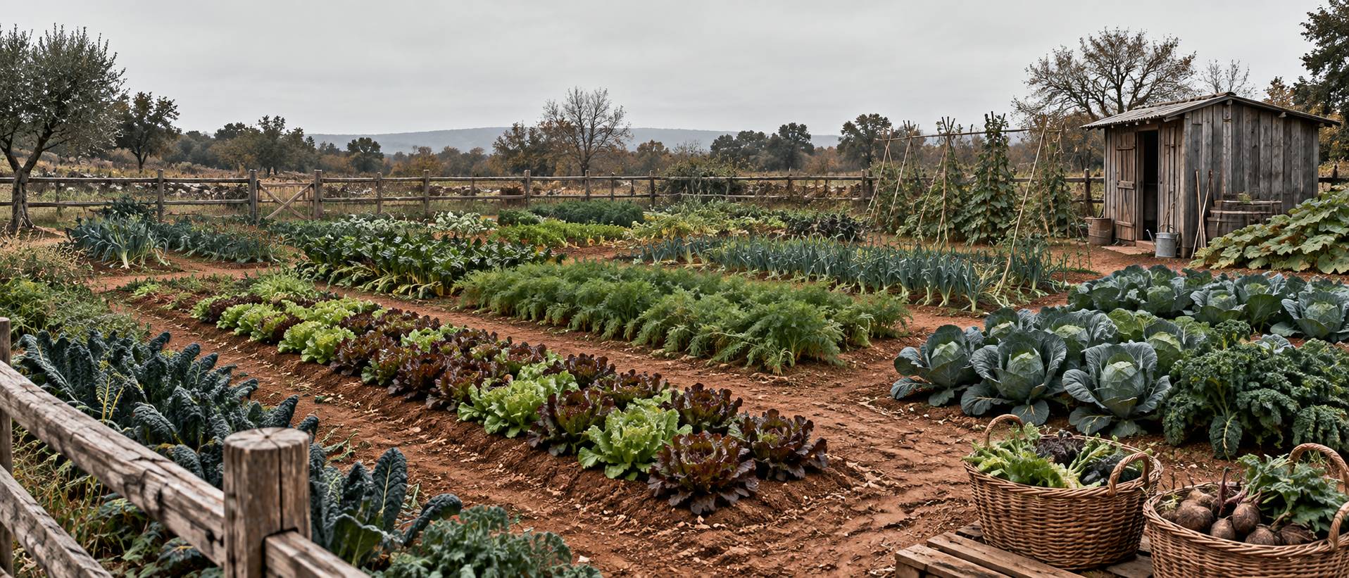 Ferme communautaire stylisée avec champs cultivés, serre et cabanon de récolte