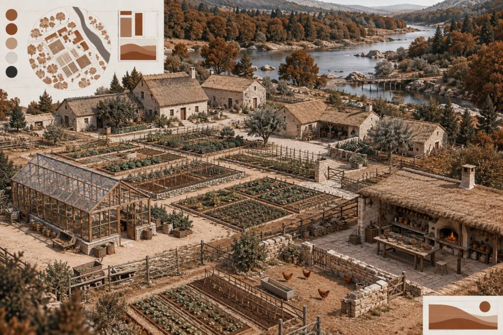Ferme communautaire stylisée avec champs cultivés, serre et cabanon de récolte