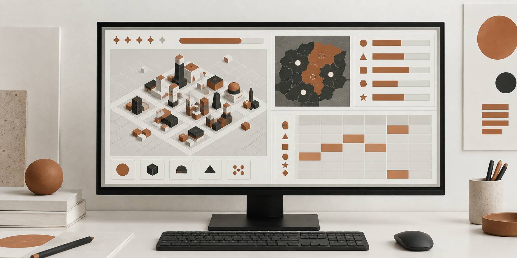 Interface fictive de jeu de gestion avec étoiles et barres de progression