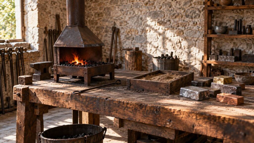 Petite forge de table et lingots de metal sur un etabli d'artisan