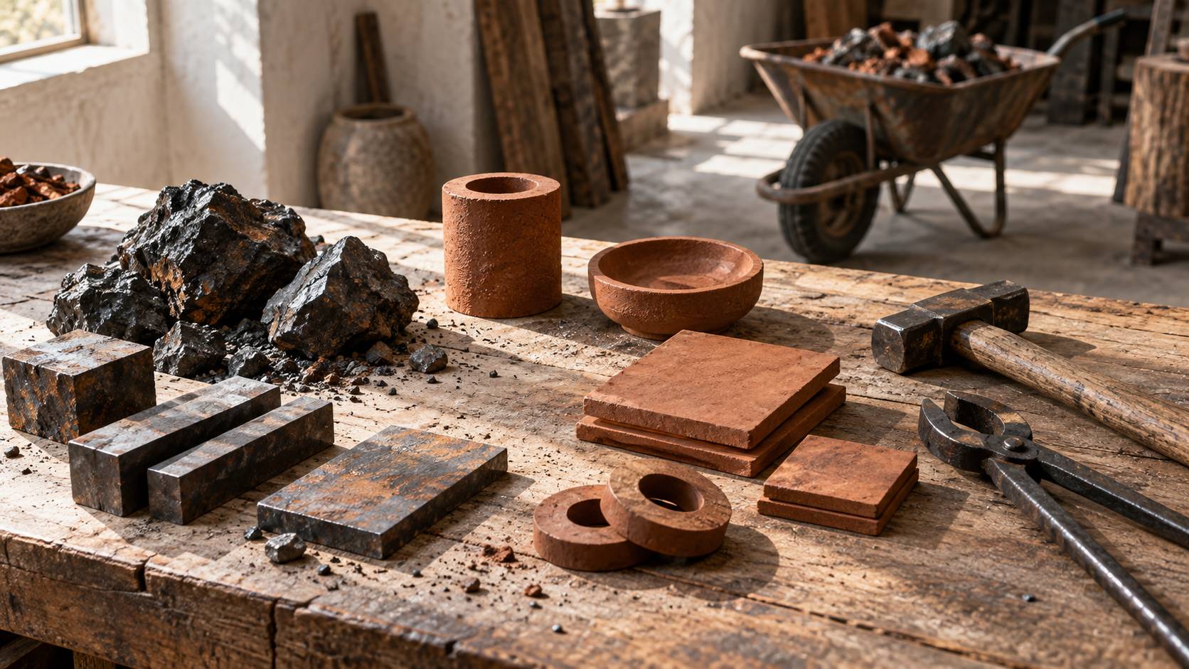 Pieces de metal et de terre avec marteau sur un etabli d'atelier