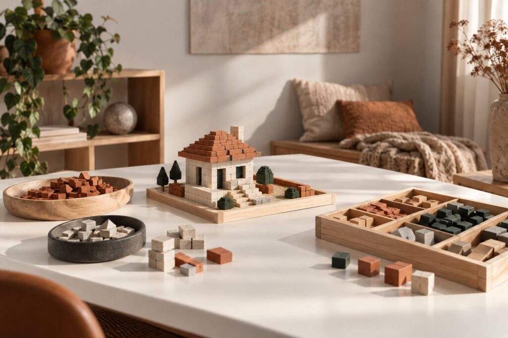 Maquette de maison en blocs miniatures sur une table de jeu