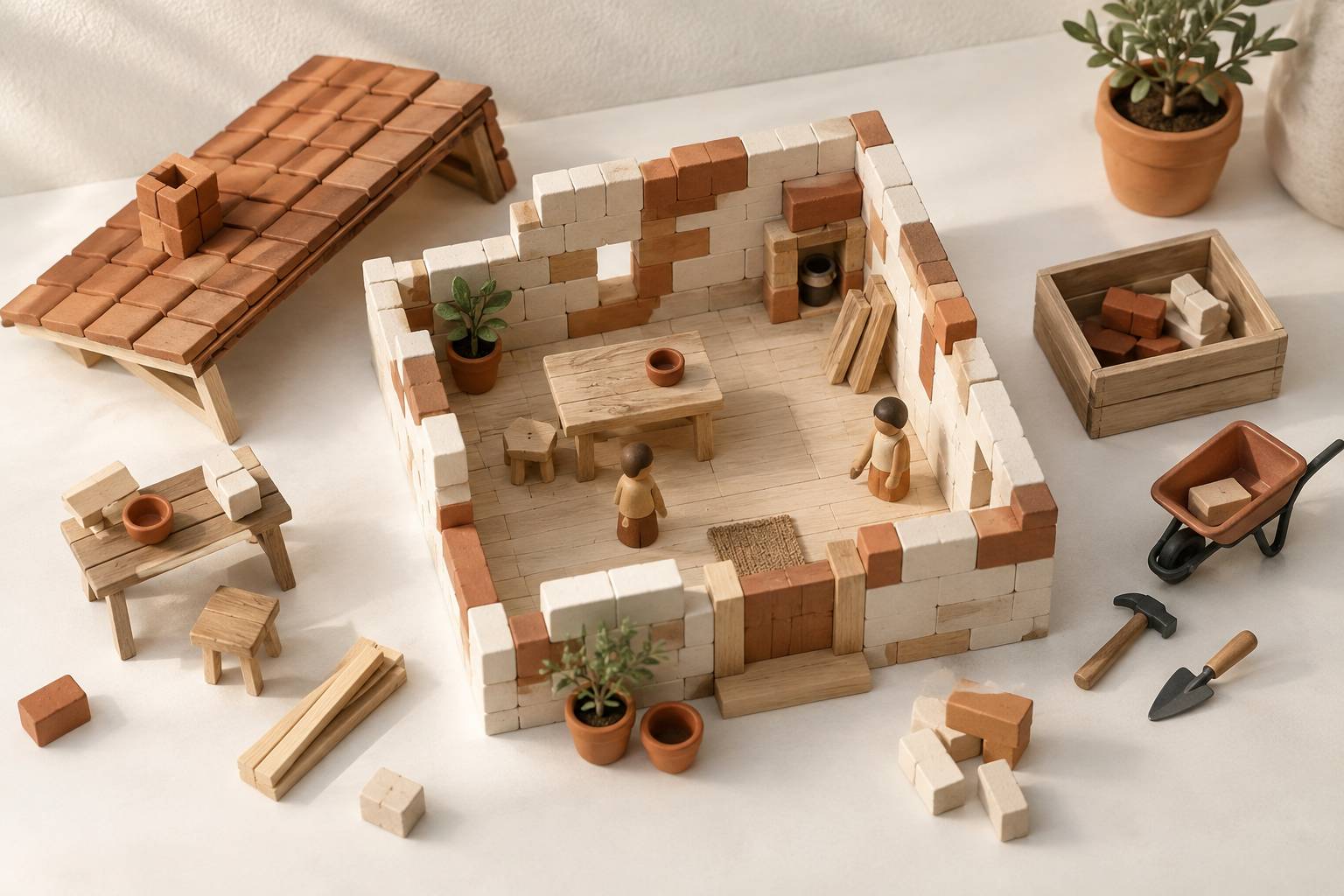 Murets miniatures empiles avec toit et outils de construction