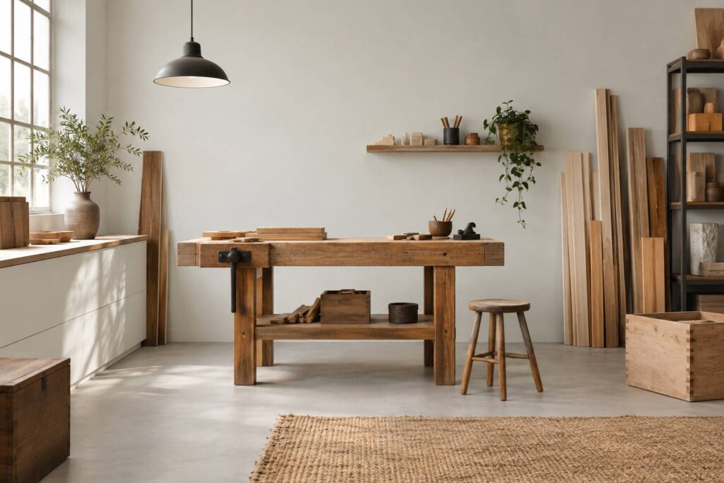 Petit atelier en bois reconstitue avec etabli et planches empilees