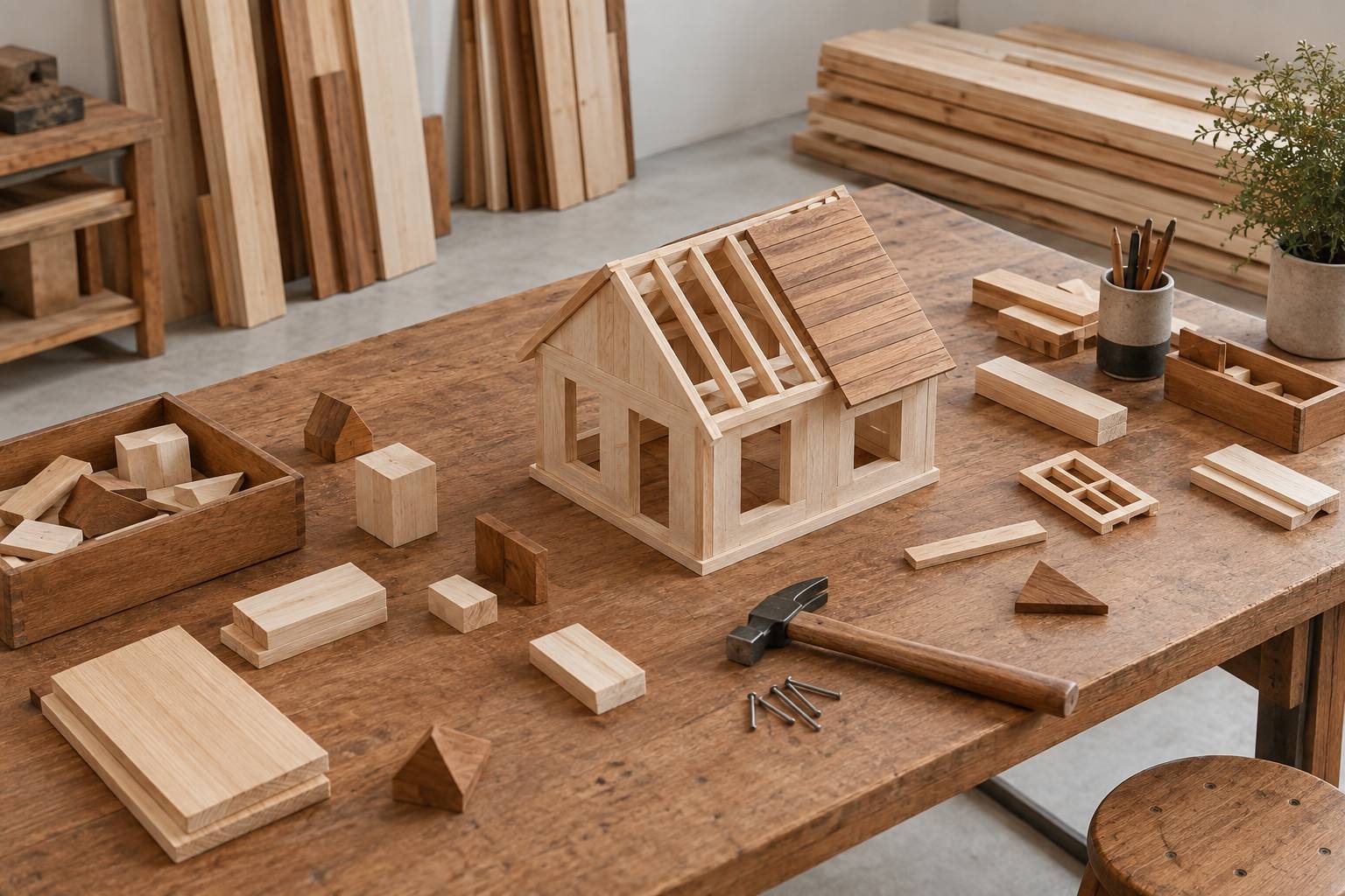 Petite maison en bois en cours d'assemblage avec blocs et marteau