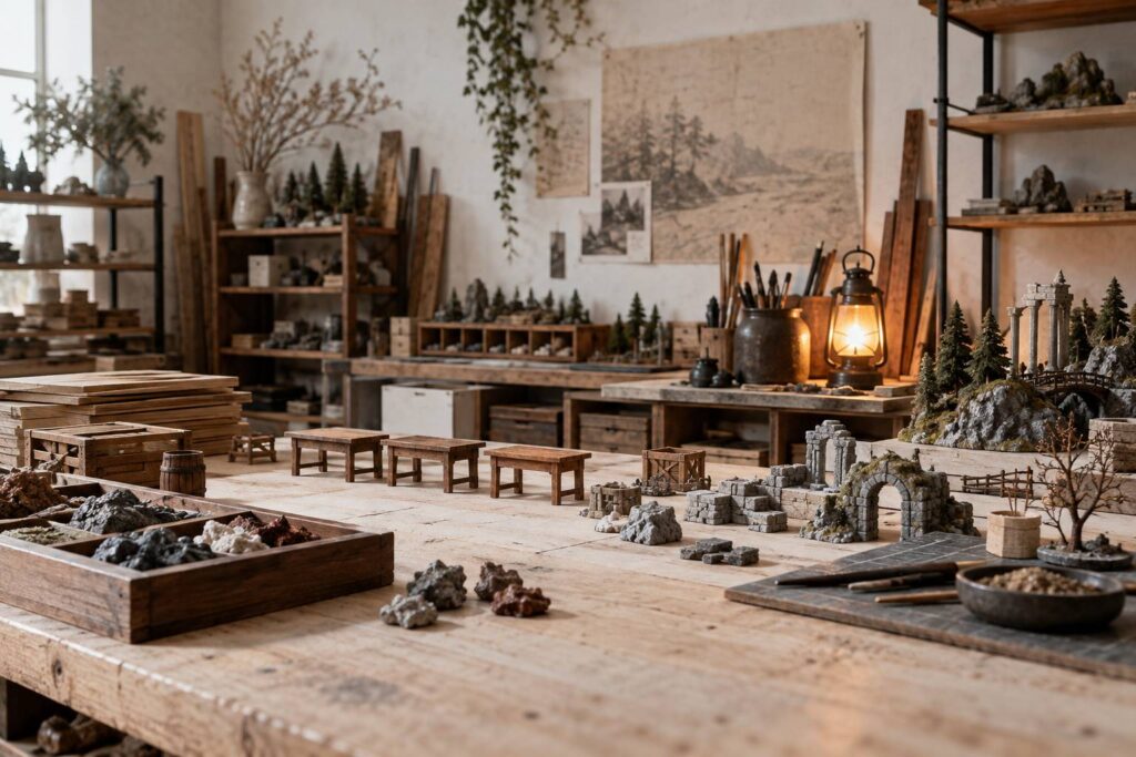 Petites tables d'artisanat en bois alignees dans un atelier de jeu