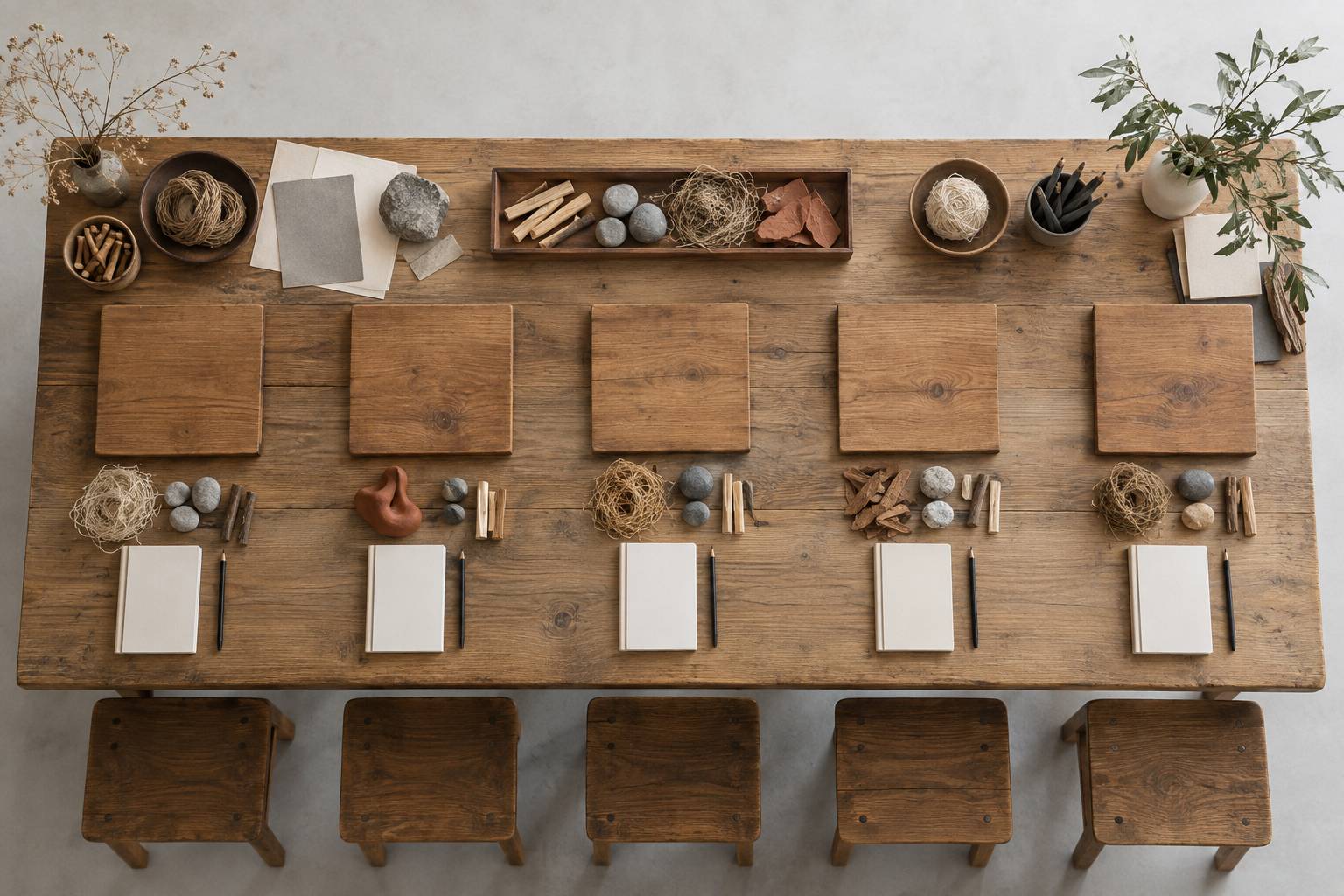 Cinq tables en bois sans inscription avec ressources posees devant