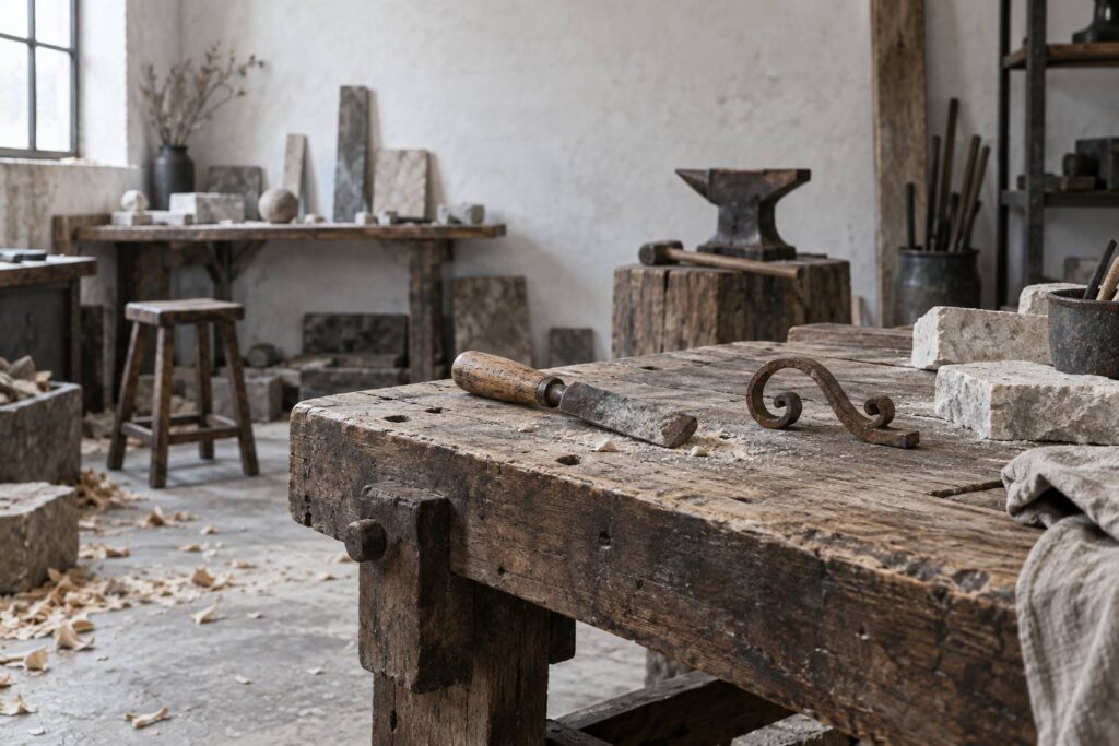 Etabli d'artisan avec un outil de pierre et une premiere piece de fer forge