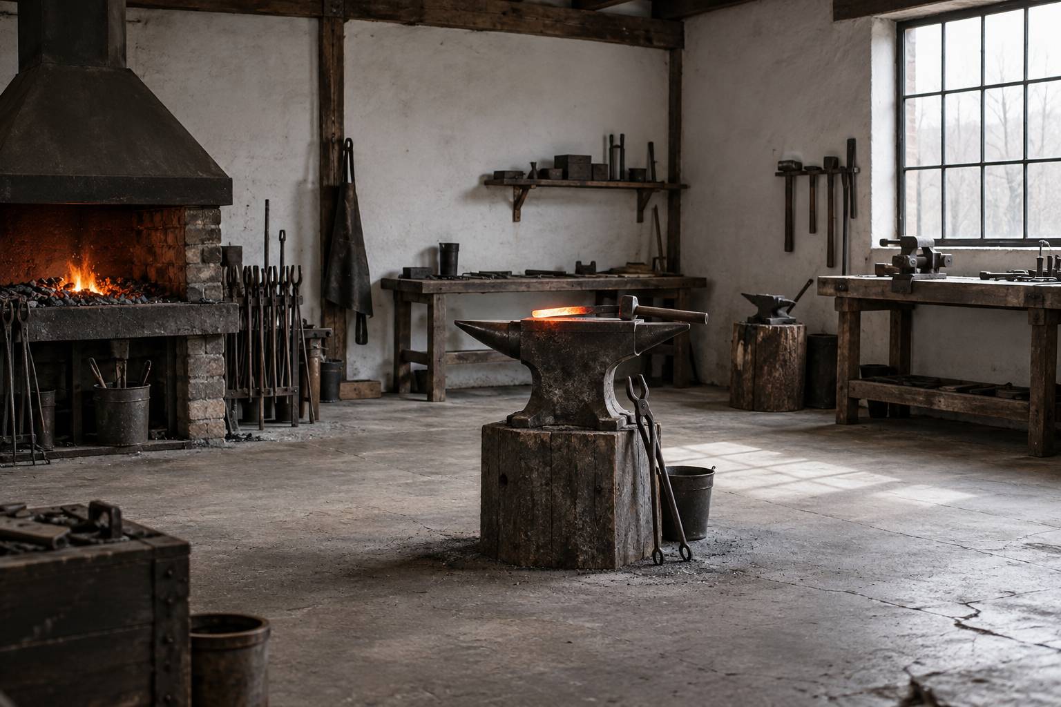 Petite forge artisanale avec un morceau de fer rougi sur une enclume