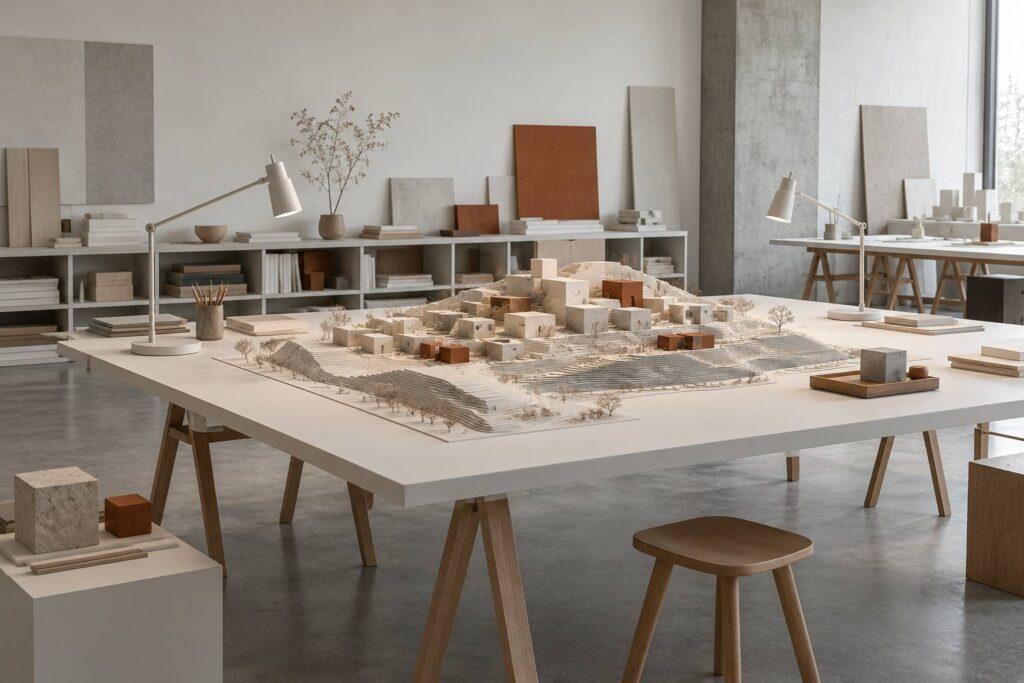 Maquette de terrain en blocs de bois sur une grande table d'atelier lumineux