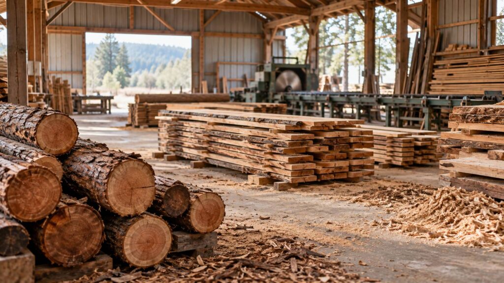 Scierie artisanale avec grumes et piles de planches fraichement debitees