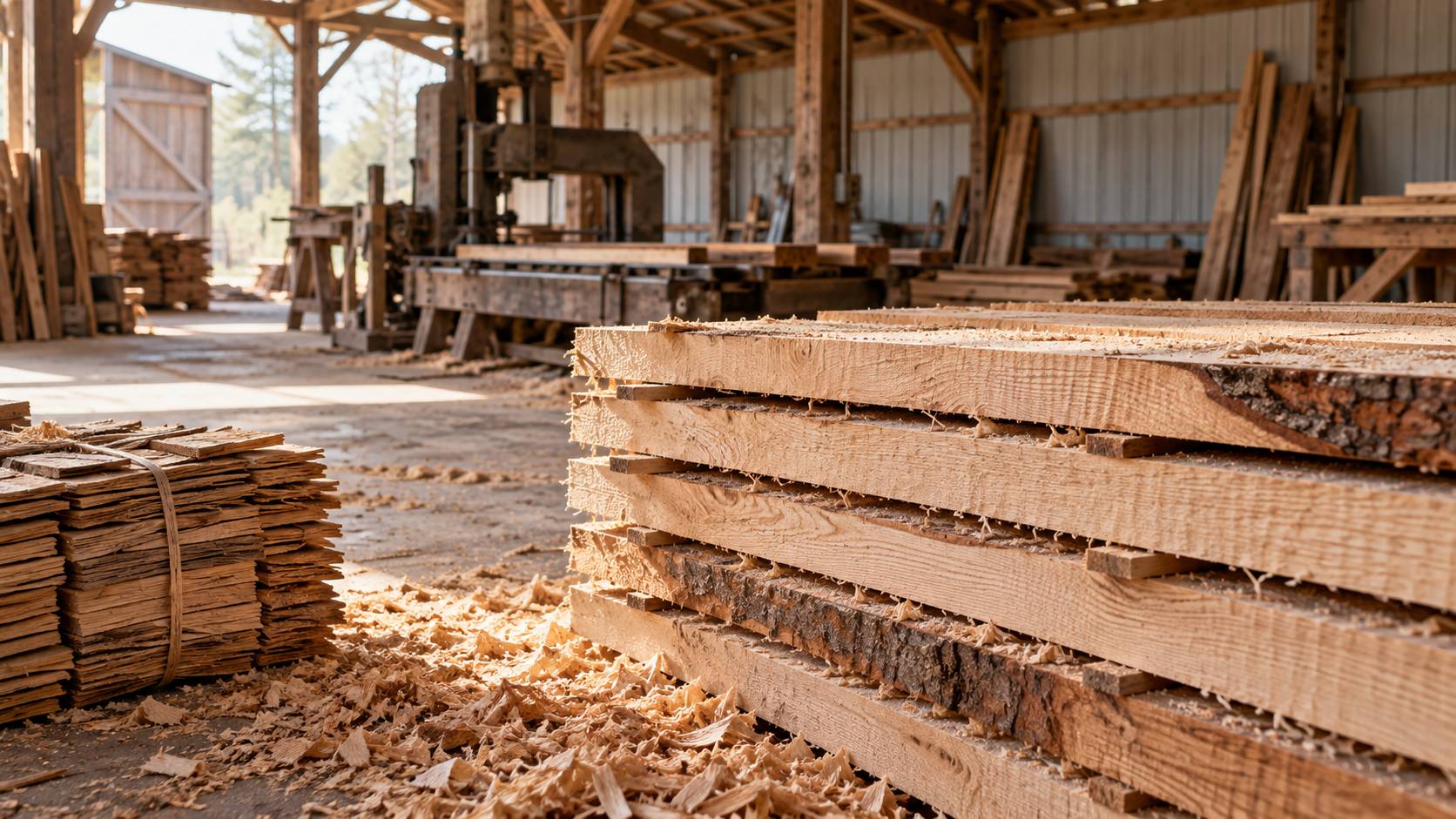 Pile de planches fraichement sciees avec copeaux et sciure