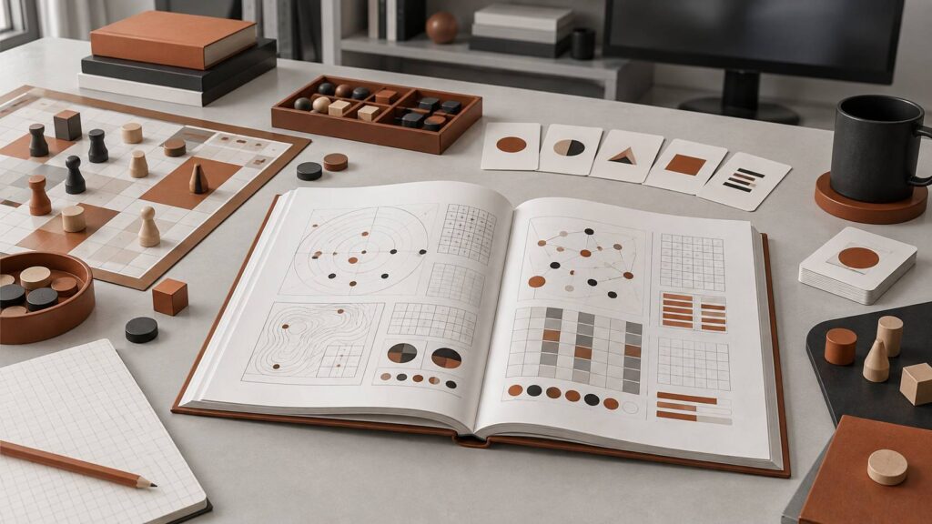 Table de jeu avec manuel technique ouvert, pions et jetons en bois