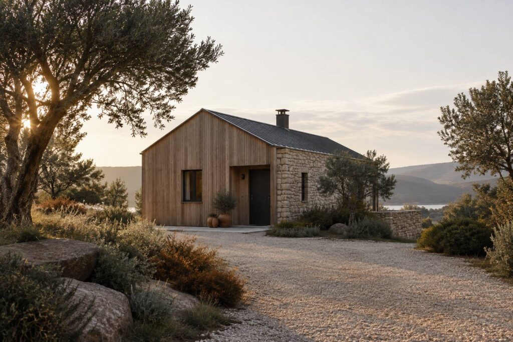 Petite maison sobre en bois et pierre avec chemin d'acces