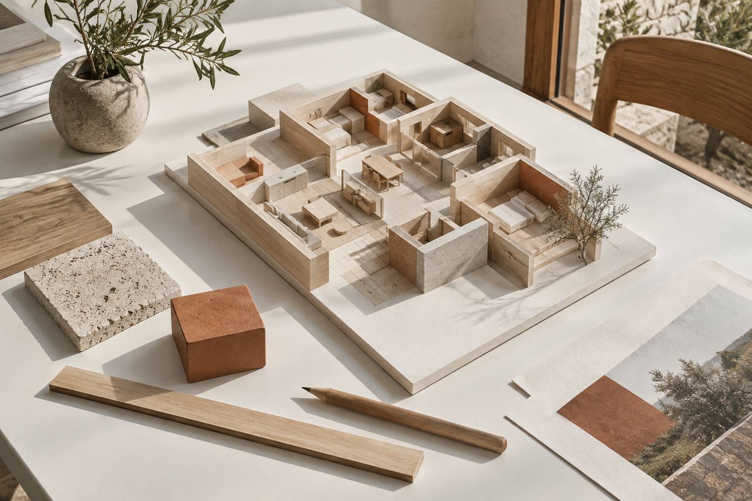 Maquette en bois des pieces d'un logement sur une table de travail