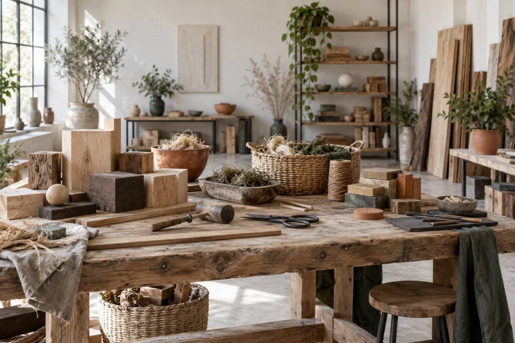 Etabli d'artisan avec des modules de matieres premieres empiles